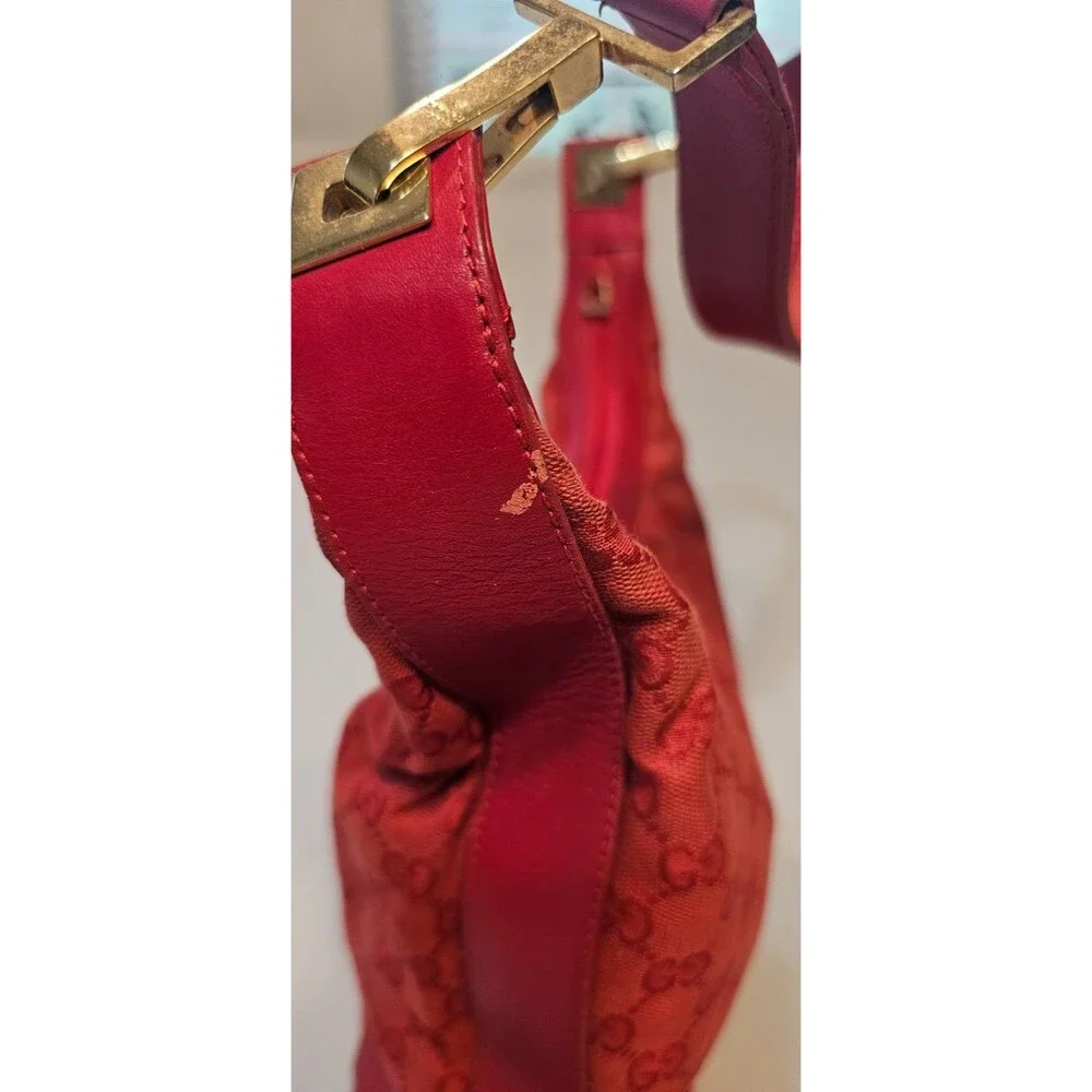 Gucci GG Canvas Hobo Bag Red Model 001‑4204 Leather Trim Gold Hardware Shoulder